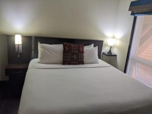 a bedroom with a white bed with two pillows at The Grotto in Canmore