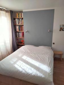 a bedroom with a white bed and a book shelf at Appartement calme élégant central in Paris