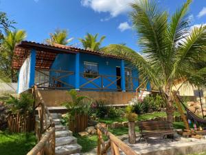 a blue house with a palm tree in front of it at Hotel Villa Babaçu in Jacobina