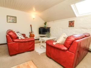 a living room with two red chairs and a tv at Bracken Cottage in Okehampton