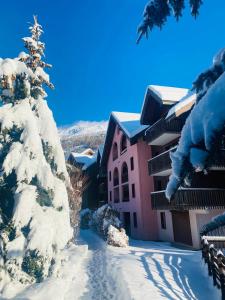 a snow covered tree next to a pink building at T3 neuf 5 pers Serre Chevalier La Salle les Alpes in La Salle Les Alpes