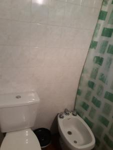a bathroom with a white toilet and a shower curtain at Cabañas San Gabriel Carlos Paz in Villa Carlos Paz