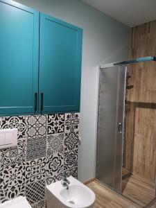 uma casa de banho com um lavatório e um chuveiro em Apartament dla Ciebie em Lańcut