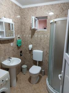 een badkamer met een toilet, een wastafel en een douche bij Apartman San in Brčko