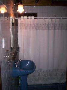 baño con lavabo azul y cortina de ducha en Casa Câmeron del Mar en San Rafael