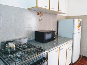 a kitchen with a stove and a microwave at Signos de Merlo in Merlo
