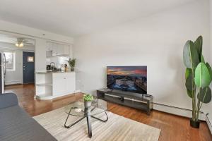 een woonkamer met een flatscreen-tv aan de muur bij 1BR Picturesque Apt with Modern Amenities - Salem 8C in Arlington Heights