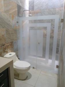 y baño con aseo blanco y ducha. en Casa Completa Real de Cana, en Villa de Alvarez