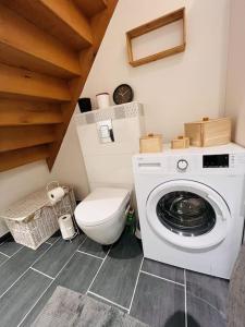 une salle de bains avec lave-linge et toilettes dans l'établissement Superbe maison plein centre, à Merville