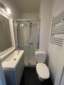 ein Badezimmer mit Dusche, Toilette und Waschbecken in der Unterkunft Gaviota in Middelkerke + 48 Fotos