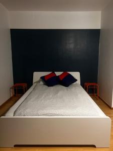 białe łóżko z 2 czerwonymi i niebieskimi poduszkami w obiekcie Apartment 202 w Gandawie