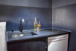 a kitchen with a sink and a counter top at Studio au Moulin " Design Noir " Vue Unique in Dole