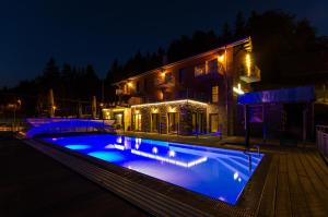 a swimming pool in front of a house at night at Hotel Jirinka in Dolní Morava