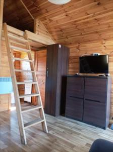 a wooden room with a ladder and a television at Domki Letniskowe in Nowe Warpno