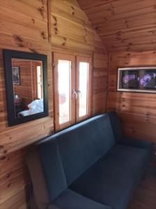 eine blaue Bank in einem Holzzimmer mit Fenster in der Unterkunft Noclegi Nowe Warpno in Nowe Warpno