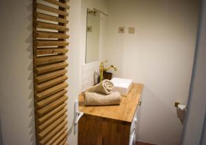 a bathroom with a wooden counter with a sink at Studio au Moulin " La Plage " Vue unique sur la Petite Venise in Dole