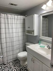 a bathroom with a toilet and a sink at Lovely 1 bed condo near Lake Ray Hubbard in Garland