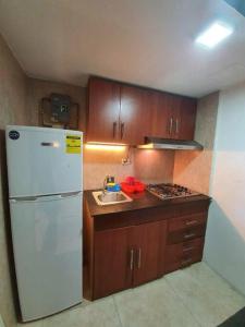a kitchen with a white refrigerator and a sink at R.1111 Estudio ejecutivo, práctico, en el centro. in Panama City