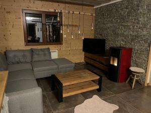 a living room with a couch and a tv at CHALET-MICHEL avec SPA in Montperreux