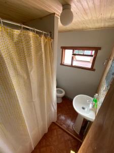 a bathroom with a shower curtain and a sink at Hostería Futaleufu in Futaleufú +17 photos