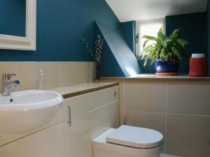een badkamer met een wastafel, een toilet en een raam bij The Music Room in Aveton Gifford