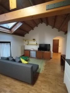 ein Wohnzimmer mit einem Sofa und einem TV in der Unterkunft IL VICOLO_Carinissimo appartamento in centro storico, zona giorno mansardata in Belluno