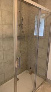 y baño con ducha y puerta de cristal. en Chambre d'hôtes dans les champs en Jeux-lès-Bard