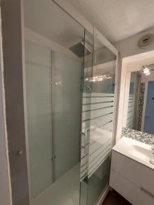 a bathroom with a glass shower and a sink at 40m2 - Ski aux pieds - La Tania - Parking couvert in La Tania +27 photos