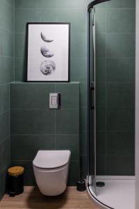 a green bathroom with a toilet and a shower at Apartament przy PILECKIEGO 33 in Biała Podlaska