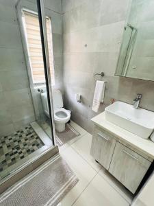 a bathroom with a toilet and a sink and a shower at The Escape Haven in Sandton