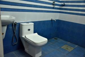 a blue and white bathroom with a toilet and a sink at Dhakshina Homestay in Cochin