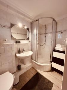 a bathroom with a shower and a sink and a toilet at Ostseehaus Dreesen Souterrain in Timmendorfer Strand