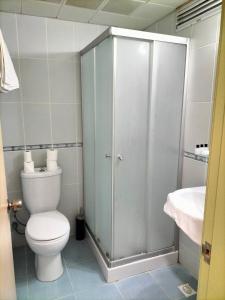 a bathroom with a toilet and a shower and a sink at Rıdvan Hotel in Cesme