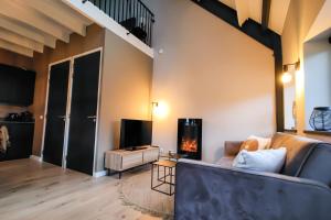 a living room with a couch and a fireplace at De Veentjes in IJhorst