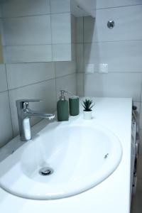 Aelia Apartment 2 Ioannina في يوانينا: مغسلة الحمام عليها محطتين خضراء