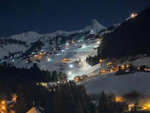 een met sneeuw bedekte stad 's nachts met lichten op een berg bij Hotel Garni Enzian in Damuls