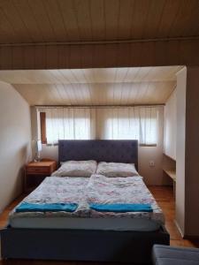 a large bed in a bedroom with a wooden ceiling at Apartman Poirot in Érd