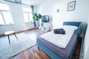 a bedroom with a bed and a tv in it at FULL HOUSE Premium Apartments Magdeburg E3 in Magdeburg