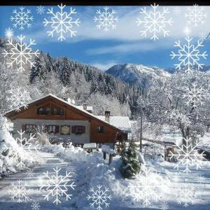 a house in the snow with snowflakes on it at Maso Pin in Madonna di Campiglio