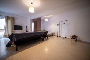 een grote kamer met een bed en een televisie bij Trikala center in Tríkala