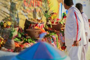 Nubian palace في أسوان: مجموعة من الناس يتجولون في سوق بالنباتات