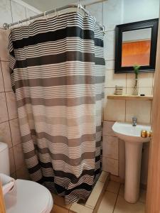 a bathroom with a shower curtain and a sink at Las Casas Hostel Atacama in San Pedro de Atacama