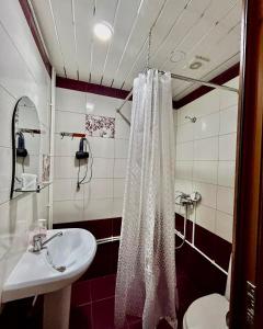 bagno con tenda da doccia bianca e lavandino di Guest House Anahit Ijevan a Ijevan