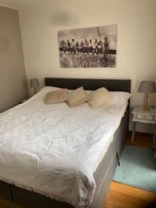 een bed in een slaapkamer met een foto aan de muur bij The Little House by the Rottemeren in Zevenhuizen