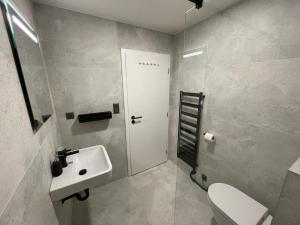 a bathroom with a sink and a toilet and a door at Historic Center Brno Apartment in Brno