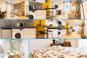 eine Collage mit Fotos von einer Küche und einem Wohnzimmer in der Unterkunft Self Checkin Automatique - Centre-ville - AFRIQUE in La Ferté-sous-Jouarre