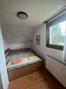 a small bedroom with a bed and a window at Šumska Tajna in Divčibare