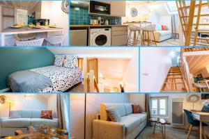 3 Bilder von einer Küche und einem Wohnzimmer in der Unterkunft Self Checkin Automatique - Centre-ville - OCÉANIE in La Ferté-sous-Jouarre