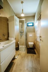 a bathroom with a shower and a toilet and a sink at Didov san in Donja Pušća