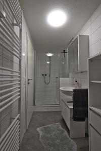 a white bathroom with a shower and a sink at Haus Rheinsheimer Scheuer in Philippsburg